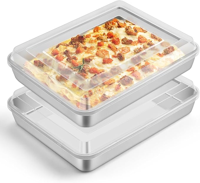 Leonyo Lasagna Pan with Lid, 10.5 x 8 x 2 Inch Rectangular Cake Pan with Lid, Stainless Steel Baking Sheet Brownies Casseroles Deep Tray for Toaster Oven, Focaccia, Fish, Chicken