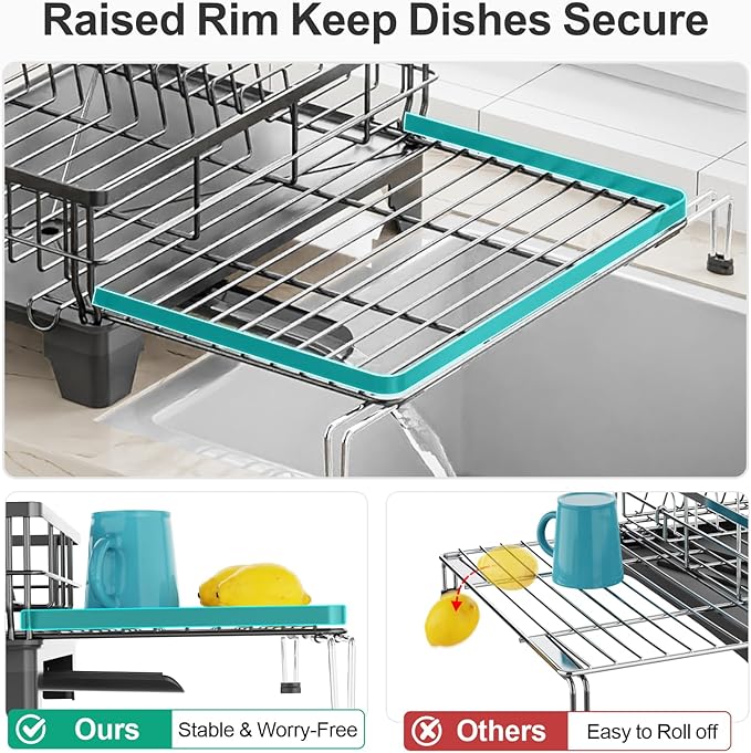 GSlife Extendable Dish Drying Rack - Large 2-in-1 Dish Racks for Kitchen Counter or Over Sink, Anti-Rust Dish Drainer with Drainboard, 2 Pan Slots and Utensil Holder, Black
