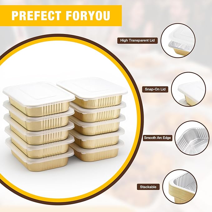 Aluminum Foil Pan with Lids,Heavy Duty Aluminum Pan, Disposable Aluminum Pans,Gold Foil Pans, Deep Container for Heating, Baking, Cooking,BBQs,Parties,Storing,Catering(74.4oz 15 Pack w/Lids)