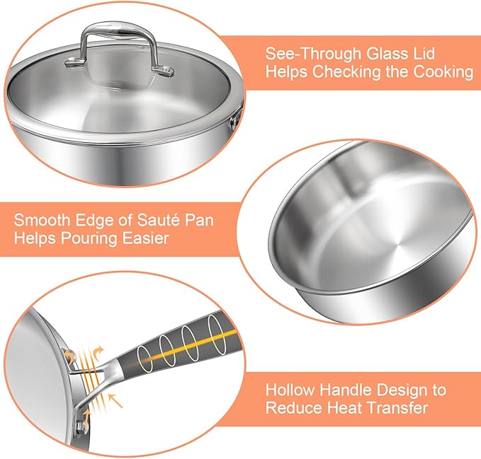 EWFEN 12 Inch Tri-Ply Stainless Steel Frying Pan, Deep Frying Pan with lids, Compatible with All Cooktops Up to 600℉, Induction Cooking Pan, Dishwasher and Oven Safe, Fast & Even Heat