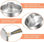 EWFEN 12 Inch Tri-Ply Stainless Steel Frying Pan, Deep Frying Pan with lids, Compatible with All Cooktops Up to 600℉, Induction Cooking Pan, Dishwasher and Oven Safe, Fast & Even Heat