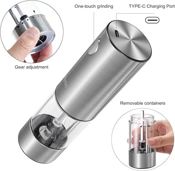 Electric Salt and Pepper Grinder 6 Levels Adjustable Coarseness Refillable Stainless Steel Auto Salt and Pepper Grinder Mill Usb Rechargeable with Lights(1Pack)