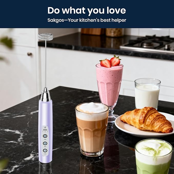 Milk Frother Handheld Rechargeable - Electric Whisk 3 Speed Adjustable, Coffee Frother Wand with 3 Stainless Whisks, Electric Foam Maker, Drink Mixer Blender for Latte Cappuccino Matcha Egg