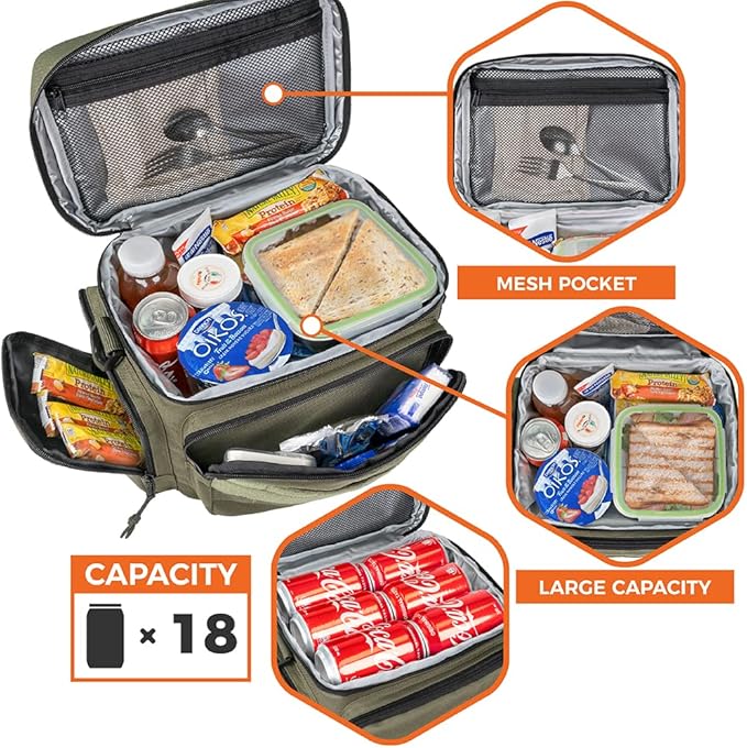 opux Tactical Lunch Box for Men, Olive Mens Insulated Lunch Bag for Adult, Leakproof Soft Lunch Cooler with MOLLE Mesh Side Pockets, Multicam Heavy Duty Lunchbox Pail for Work Women, Large, 18 Cans