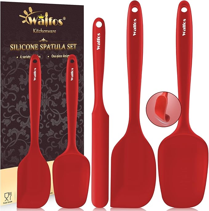 Walfos Silicone Spatula Set of 5-600°F Heat Resistant Kitchen Scraper Spatulas, Strong Steel Core and One-Pieces Seamless Design, Great for Cooking Mixing & Baking - BPA Free & Dishwasher Safe (Red)