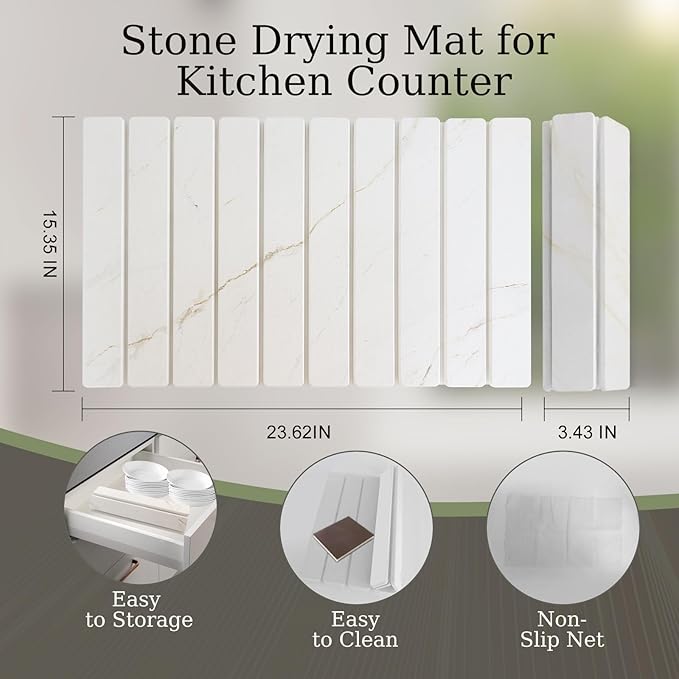 Hopegiver Stone Drying Mat for Kitchen Counter, 23.62"x15.35" Golden Marble Pattern Quick Dry Dish Drying Mat, Absorbent Diatomaceous Earth Mat for Countertop Sink Kitchen Bathroom, with Sanding Block