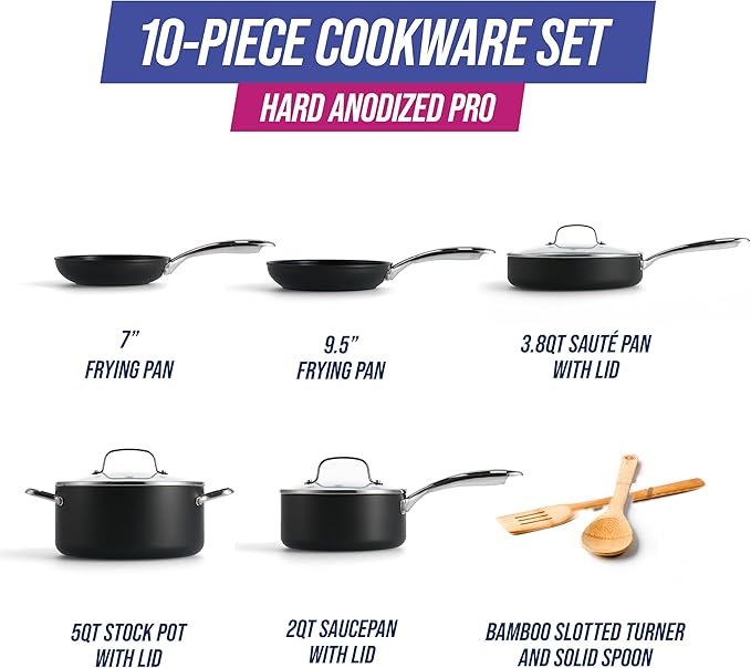 Blue Diamond Cookware Hard Anodized Ceramic Nonstick, 10 Piece Cookware Pots and Pans Set, Non-Toxic PFAS-Free, Dishwasher and Oven Safe, Durable, Even Heating, Metal Utensil Safe, Gray