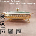 11" x 8" Ceramic Rectangular Casserole Dish with Glass Lid and rack, 1.6 Quart White Serving Soup Tureen,Chafing Dish for Buffet, Family Food Tray, Catering Casserole for Party Style