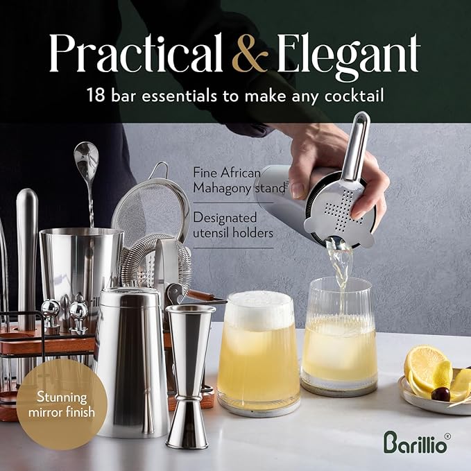 Barillio Bartender Kit – 23-Piece Stainless-Steel Cocktail Shaker Set with Premium African Mahogany Stand | Martini Barware Mixing Tools for Home Bartending | Gift Set