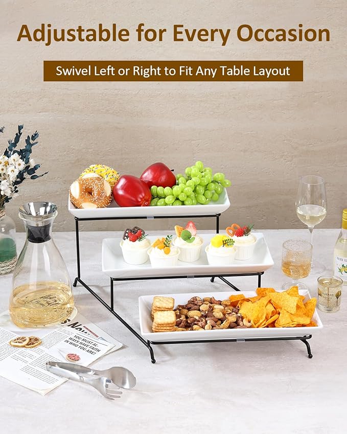 Yedio 3 Tier Serving Tray Set 14 Inch Porcelain Tiered Serving Trays Platters, Collapsible Sturdier Stand with Stable Cross Bars, Three Layer Serving for Party Entertaining Food Display Fruit Dessert