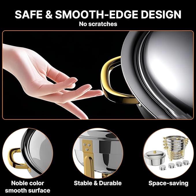 Chafing Dishes for Buffet 4 Pack, 6QT Round Chafing Dish Buffet Set Stainless Steel Buffet Food Warmers Sets for Catering Events Parties Dinners with Complete Set,Gold and Silver