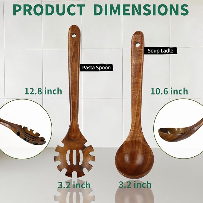 Wooden Spoons for Cooking, 2PCS Natural Teak Wooden Utensils, NonStick Kitchen Utensils Set for Stirring,Serving Spaghetti, Soup, Sauce (Ladle & Pasta Fork)