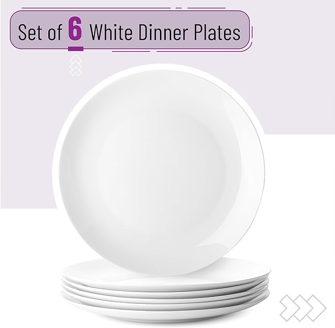 Brew To A Tea White Porcelain Dinner Plates, Set of 6, 10.5 Inch, Classic Style, Porcelain Construction, Dinner Plates
