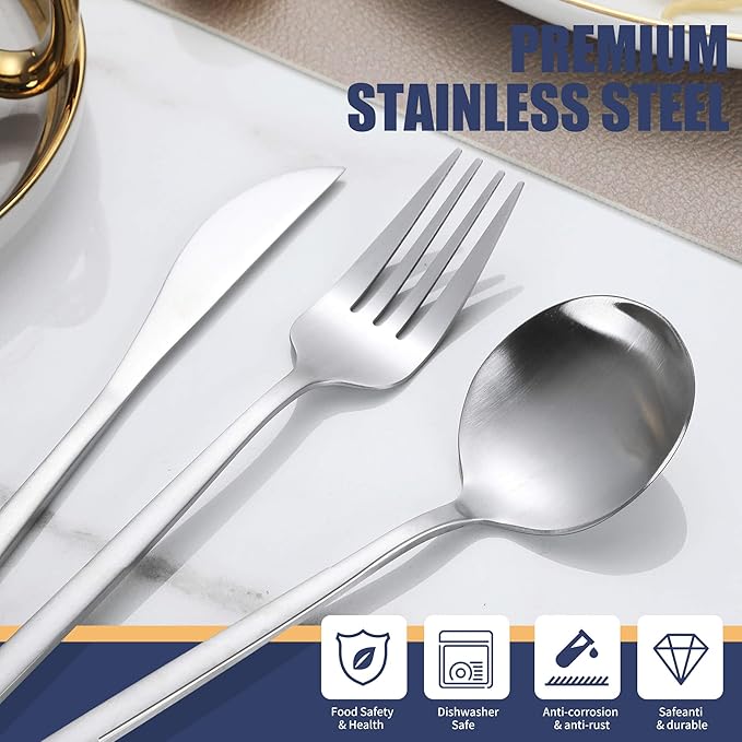 Matte Silverware Set, 30 Piece Stainless Steel Modern Flatware, Brushed Cutlery Service for 6, Satin Finish Utensils, Home Kitchen and Restaurant, Dishwasher Safe (Silver)