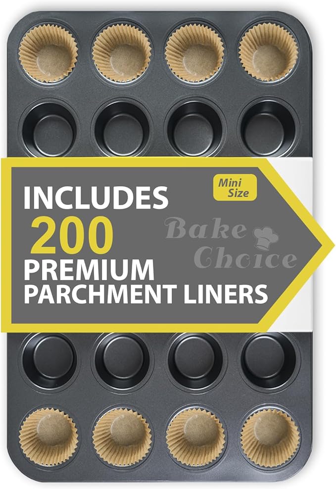 Mini Muffin Pan includes 200 Natural Cupcake Liners, Mini Cupcake Pans Nonstick 24 Cup, Muffin Tin, Carbon Steel Baking Supplies