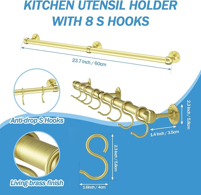 ROTHLEY Stainless Steel Hanging Pot Rack Hanger: 23.7 Inch Brass Pot and Pan Hanger Wall Mounted Hanging Pot Bar Rack Heavy Duty Pot Hangers Kitchen Rail with 8 S Hooks
