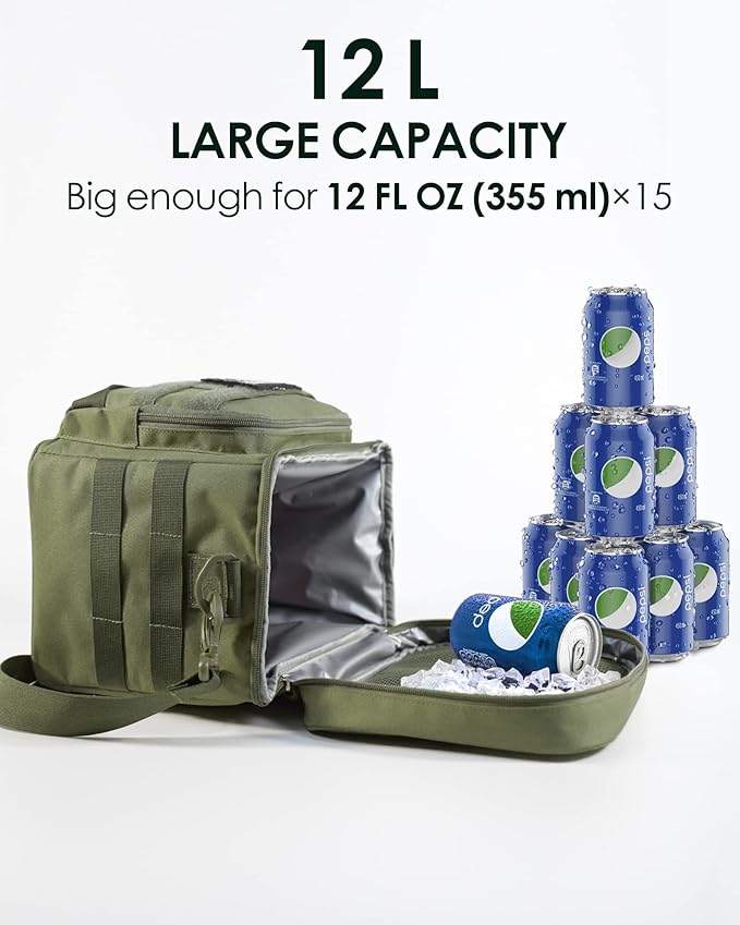 TACTICISM Tactical Lunch Box for Men, 12L MOLLE Lunch Bag Adult, Up to 8 Hours Insulated Lunchbox, Large Durable Leakproof Cooler with Detachable Water Bottle Pouch, for Work Camping Fishing, Green