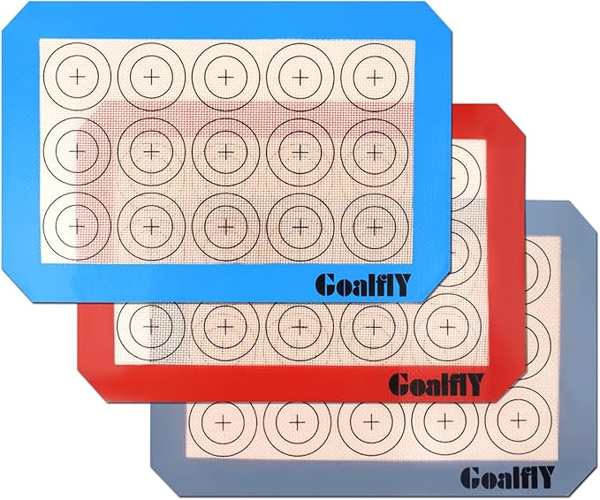 Small Macaron Silicone Baking Mat, 3 Pack Quarter Sheet Baking Mats (11.8 x 8.5 IN), Silicone Baking Sheet for Macarons, Cookies, Pastry, Pizza (Red, Blue, Grey)