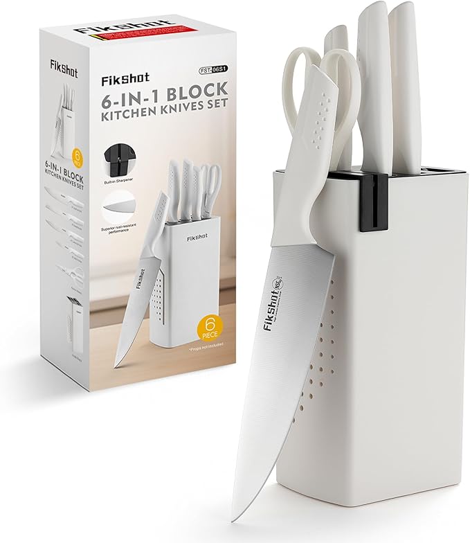 Knife Set, FIKSHOT 6-Piece Kitchen Knife Block Set with & Built-In Sharpener, Dishwasher Safe High Carbon Stainless Steel Blades, Rust-Resistant – Ideal Housewarming Gift