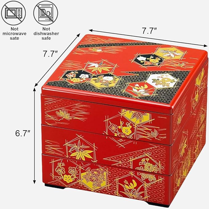 TIKUSAN Lacquer Bento Box Container Japanese Traditional 3 Tiers Stack Box Jubako Osechi Made in Japan (Red)