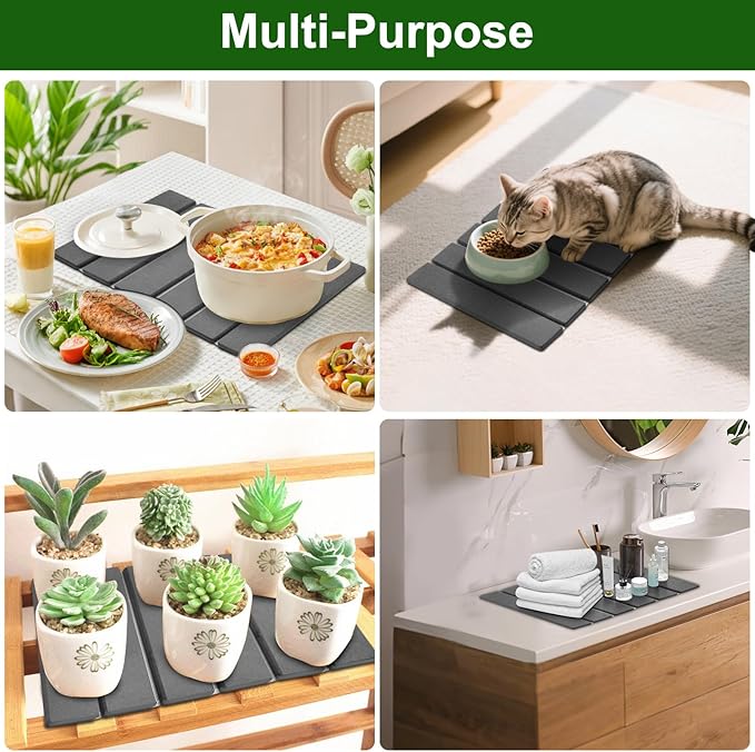 Stone Dish Drying Mat For Kitchen Counter, 16 x 12 Inch Collapsible Stone Drying Mat, Quick Dry Absorbent Diatomaceous Earth Mat, Self-Drying Dish Drying Mat For Dishes Sink Bathtub-Gray