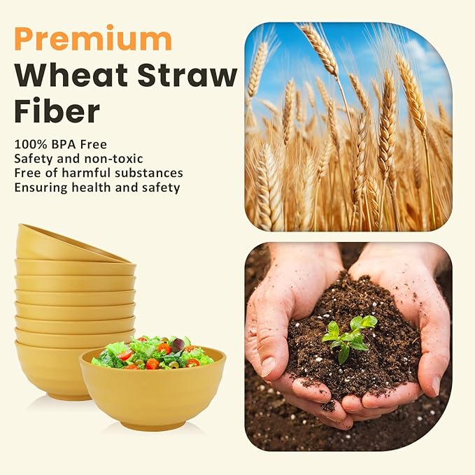 Homienly Sunshine Yellow Bowl Set of 8, 60 Oz Large Wheat Straw Bowls, Unbreakable Big Salad & Soup Bowls, Microwave Safe for Easter, Picnic, Kids Party & Family Meals