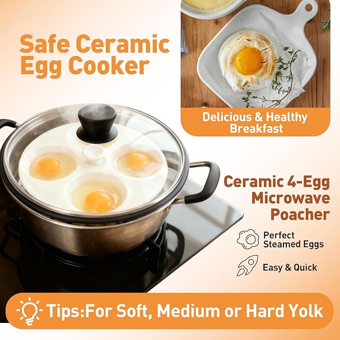 Ceramic Egg Poacher, 4-Cup Egg Poacher Pan Nonstick for Perfect Poached Eggs, Poached Egg Cooker Compatible with Most Pots, Stovetop Cooking, Easy-Clean Egg Cooker Poacher for Perfect Poached Eggs
