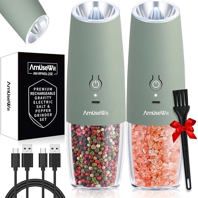 AmuseWit Gravity Electric Salt and Pepper Grinder Set [White Light] USB Rechargeable Automatic Pepper and Salt Mills,Adjustable Coarseness,One-Handed Operation,Sage