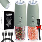 AmuseWit Gravity Electric Salt and Pepper Grinder Set [White Light] USB Rechargeable Automatic Pepper and Salt Mills,Adjustable Coarseness,One-Handed Operation,Sage
