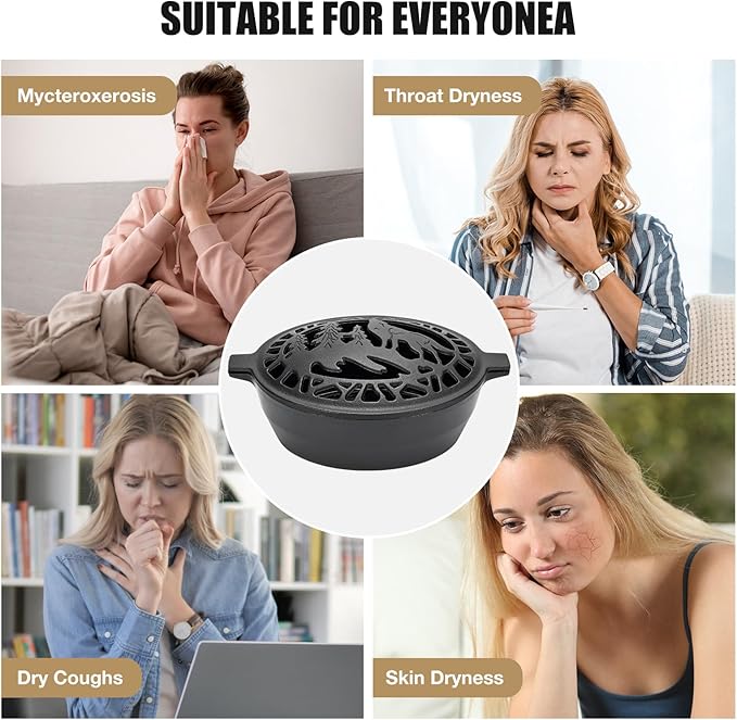 Wood Stove Steamer Humidifier 2.5 Quart with Decorative Wolf Pattern, Cast Iron Steamer for Wood Stove Rust Resistant Matte Black