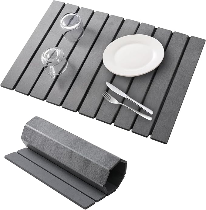 Large Stone Drying Mat for Kitchen Counter, 24''L x 16''W Diatomaceous Earth Collapsible Dish Drying Mat, Quick Drying Mat for Dishes, Bottles and Cups, Matches Any Countertop (Dark Gray)