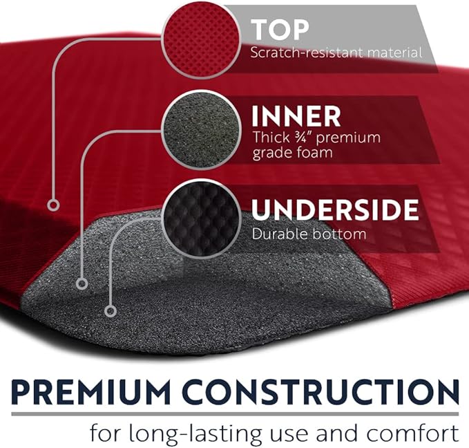 KANGAROO Thick Ergonomic Anti Fatigue Mats for Kitchen Floor, Cushioned Standing Office Desk Mat, Waterproof Scratch Resistant Topside, Supportive All Day Comfort Padded Foam Rugs, 17x24, Red