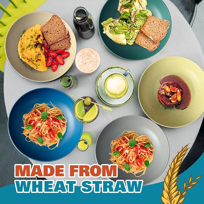 Teivio 8.4" Large Plastic Pasta Bowls Reusable, 45 oz Pasta Serving Bowl Set of 12, Kitchen Wheat Straw Serving Deep Plate Bowls for Salad, Cereal,Soup,Unbreakable Dishwasher Safe, Multicolor