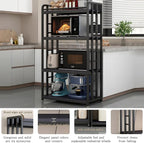 Adjustable 4-Tier Heavy Duty Kitchen Baker's Rack with Power Outlet, with Industrial Wheels, Free Standing Microwave Oven Cart Stand for Storage, Garage, Mini Fridge Stand, Black
