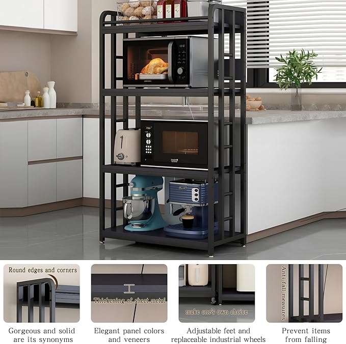Adjustable 4-Tier Heavy Duty Kitchen Baker's Rack with Power Outlet, with Industrial Wheels, Free Standing Microwave Oven Cart Stand for Storage, Garage, Mini Fridge Stand, Black
