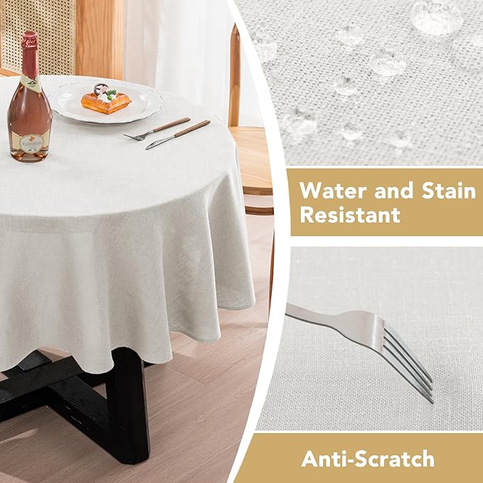 H.VERSAILTEX Linen Table Cloths Round 60 Inch Premium Tablecloth Spill-Proof Waterproof Table Cover for Dining Buffet Feature Extra Soft and Thick Fabric Wrinkle Free, White