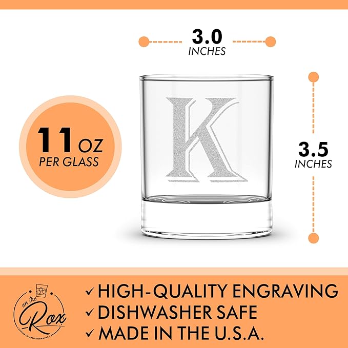 On The Rox Drinks (K-Monogram)- 4 Piece Set of 11 Ounce Engraved Heavy Base Rocks Whiskey Glasses Elegant Glass-Bourbon Multi-Purpose Beverage-Rocks Glass- Gift for any Occasion