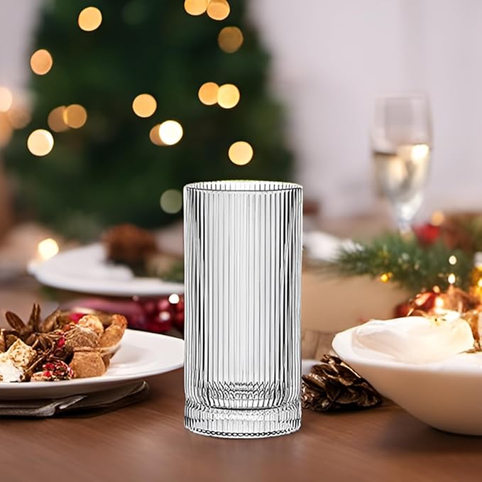 Ribbed Highball Glasses 16 oz - Set of 4 Vertical Drinking Glassware - Fits For Home Bars, Offices, or Restaurants - Water Glass Cups Dishwasher Safe