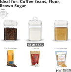 Felli Flip Tite Food Storage Containers With Lid 5" LARGE Airtight Ring Lock Flip Top, Square Acrylic Canister Jar for Rice Sugar Flour Protein Powder, Kitchen Pantry Organizer, Gift Set (1.8qt)