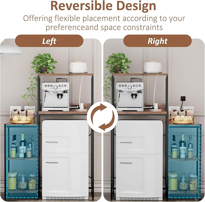 Mini Fridge and Microwave Stand over Refrigerator Storage Shelf with Power Outlet, 5 Tiers Adjustable Bakers Rack Cabinet Coffee Bar Appliance Organizer for Dorm Office,Brown