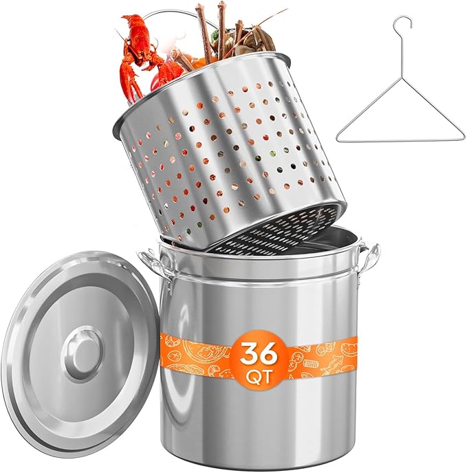 ROVSUN 36QT Stainless Steel Seafood Boil Pot with Strainer Basket, Lid & Hook, Versatile Stock Pot for Crab, Lobster, Shrimp Boiling, Heavy-Duty Turkey Fryer for Outdoor Cooking & Gatherings