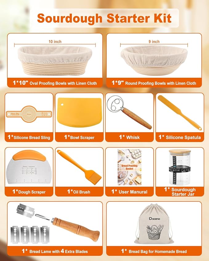 Sourdough Bread Baking Supplies Tools,10 Inch Oval & 9 Inch Round Banneton Bread Proofing Basket Set,Sourdough Starter Kit Gift for Bread Making (white with Starter Jar)