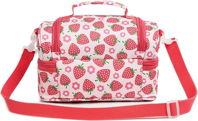 Insulated Kids Dual Compartment Lunch Bags Tote for Girls Boys Toddler Lunch Boxes Pre-School Toddler Kindergarten Picnic Camp Food Cooler Thermal with Strap (Bright Strawberry)