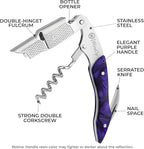 WineOp Professional Wine Opener Luxury Double Hinged Waiter's Corkscrew Wine Bottle Key - Cork screwer for Servers, Bartenders, Sommelier and Home Use | All-In-One Stainless Steel (Purple Resin)