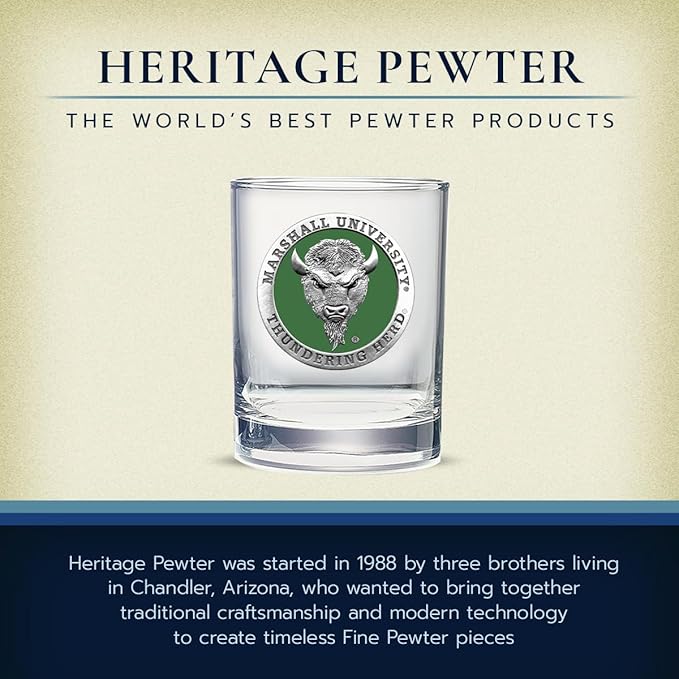 Heritage Pewter Marshall University Thundering Herd Double Old Fashion | Double Rocks Glass 14 OZ for Liquor | Expertly Crafted Pewter Glass