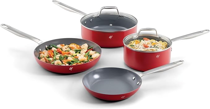 Guy Fieri's Flavortown 6-Piece Ceramic Cookware Set, 8" & 10.2" Frypans, 2QT Saucepan, 3.2QT Sautépan Nonstick, Made without PFAS PTFE PFOA, Oven & Dishwasher Safe, Easy to Clean, Red