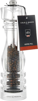 Cole & Mason London Refillable Spice Mill - Kitchen & Home Accessory - Table Black Pepper Grinder - Pepper Mill with Carbon Steel Mechanism - 8", Acrylic