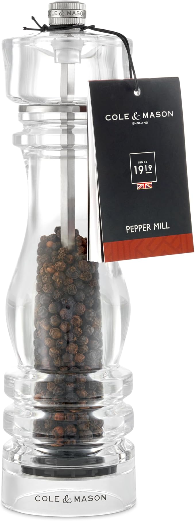 Cole & Mason London Refillable Spice Mill - Kitchen & Home Accessory - Table Black Pepper Grinder - Pepper Mill with Carbon Steel Mechanism - 8", Acrylic