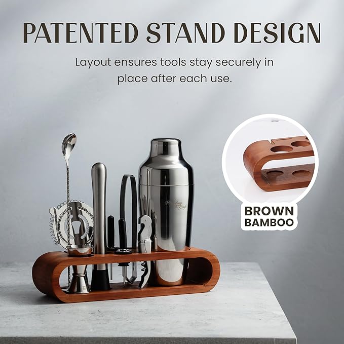 Mixology & Craft Bartender Kit: 10-Piece Cocktail Shaker Set with Dark Bamboo Stand | Complete at Home Bar Set with Bar Accessories | Great Housewarming Gift | Leak-Proof Design (Silver)
