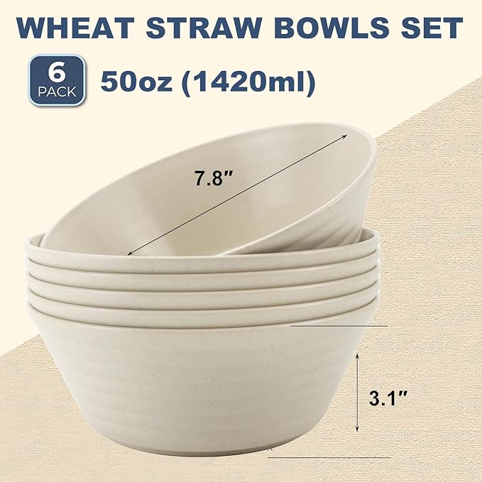 Wheat Straw Bowl Sets,6 PCS Unbreakable Cereal Bowl 50 OZ,Microwave and Dishwasher Safe Bowls,Super Big Bowl Sets BPA Free for Serving Cereal,Oatmeal and Salad (Beige)